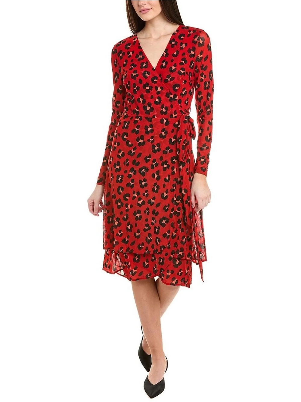 CAbi Red and Black Leopard-Print Wrap Midi Dress